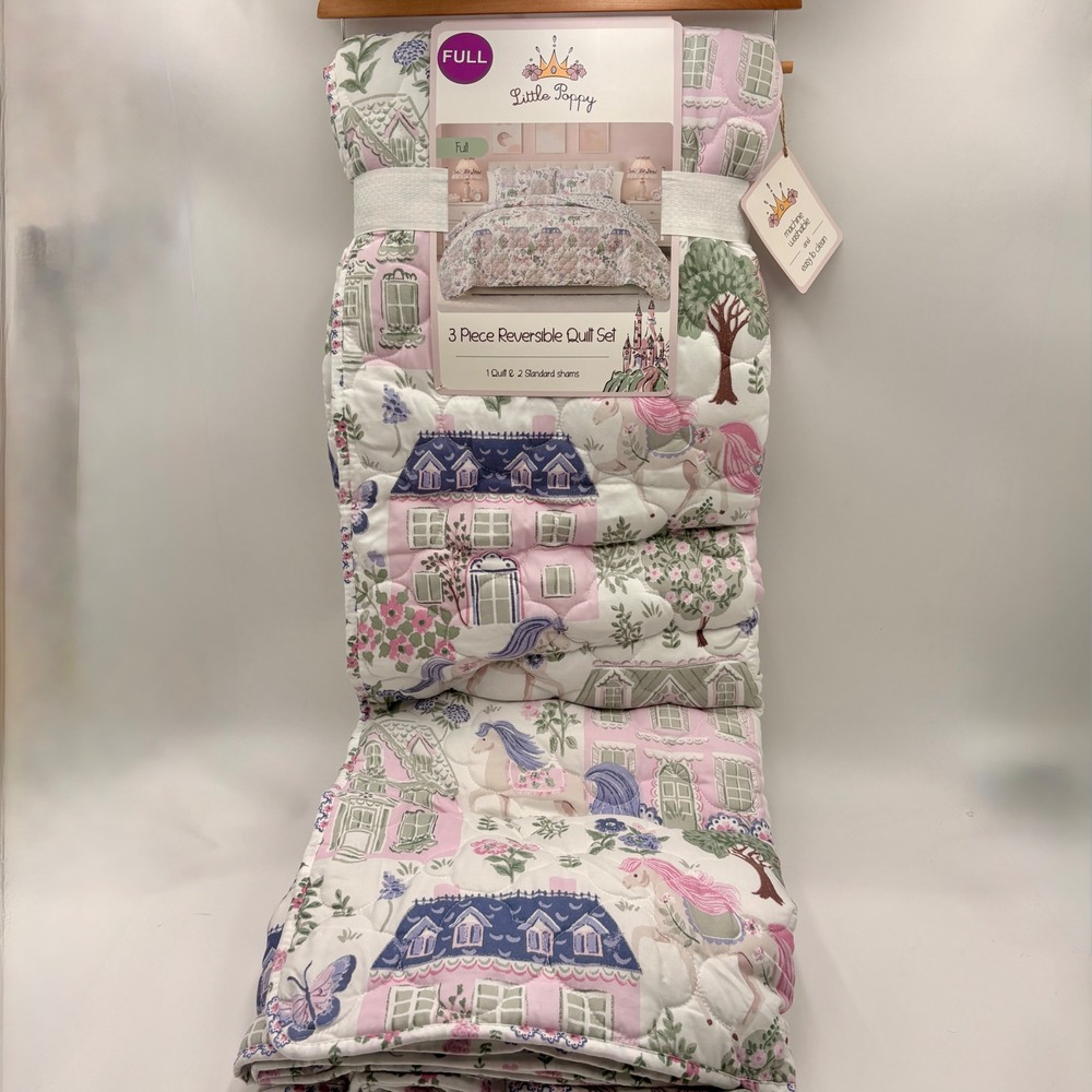 Little Poppy Full 3 Piece Reversible Quilt Set Unicorn Village Pink Blue NEW